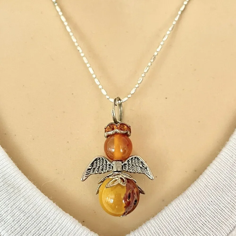 Angel Bead Charm Necklace 17in Silver Tone Ball & Bar Chain Amber Color